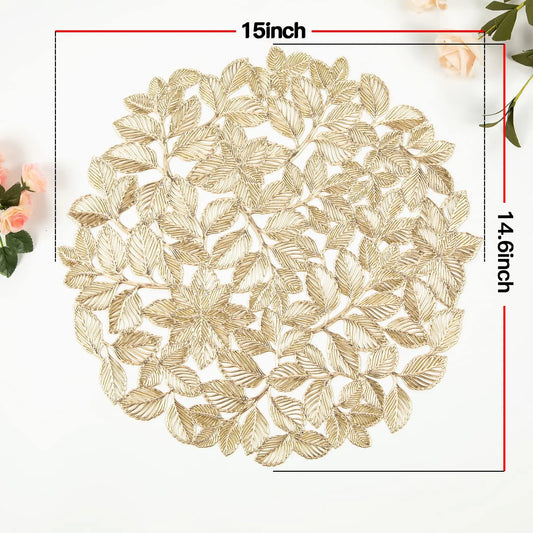 15" Gold Leaf Round Placemats Set of 6 – Non-Slip Wipeable Mats