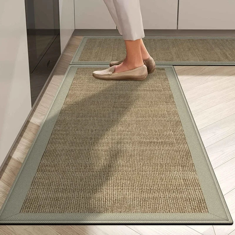 Person walking on a textured rug with a neutral background