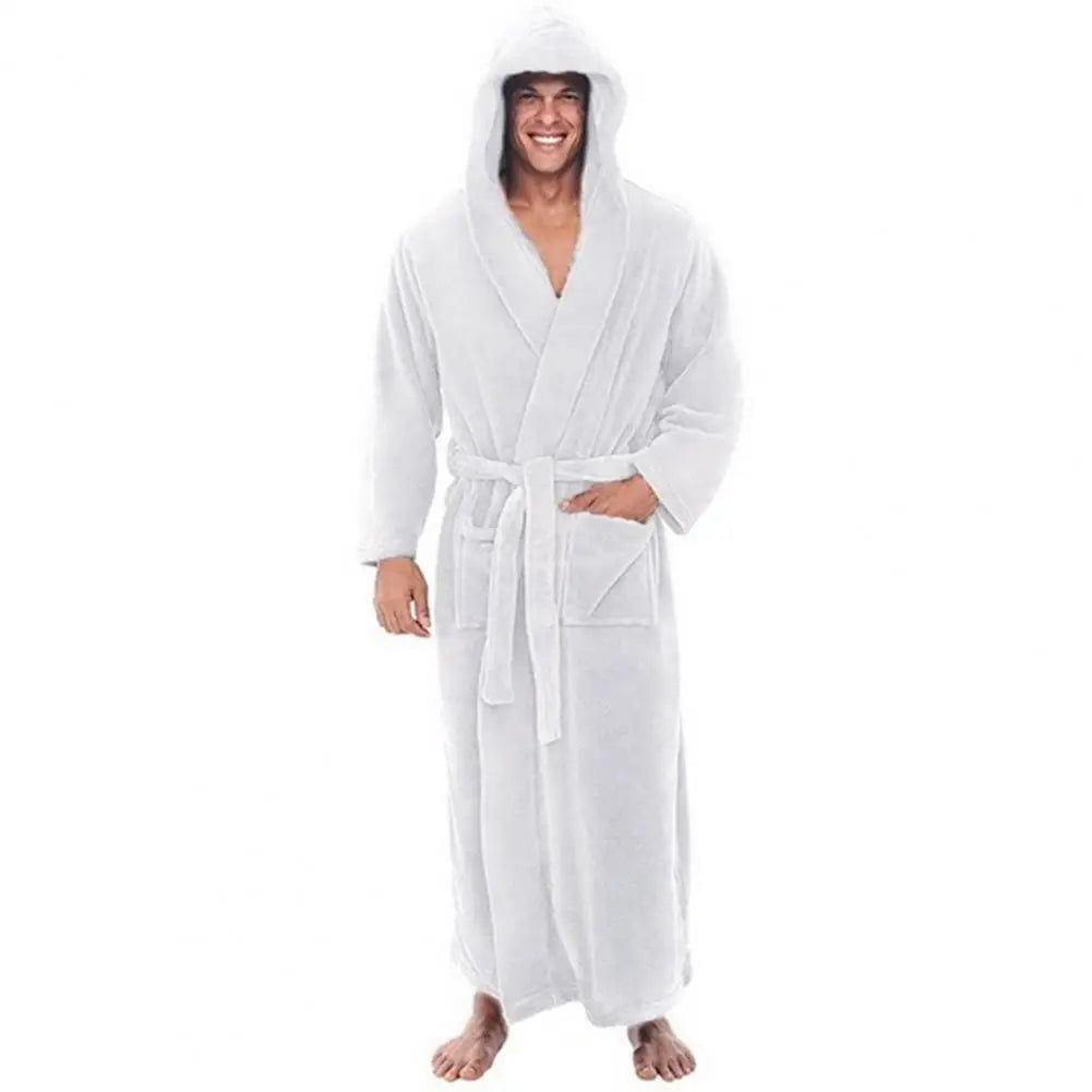 Person wearing a white hooded robe on a white background