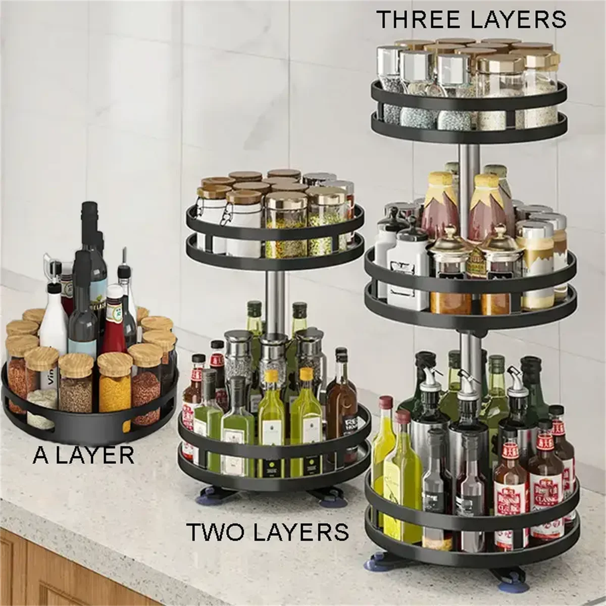Three-tiered rotating spice rack with various bottles and jars on a kitchen counter.
