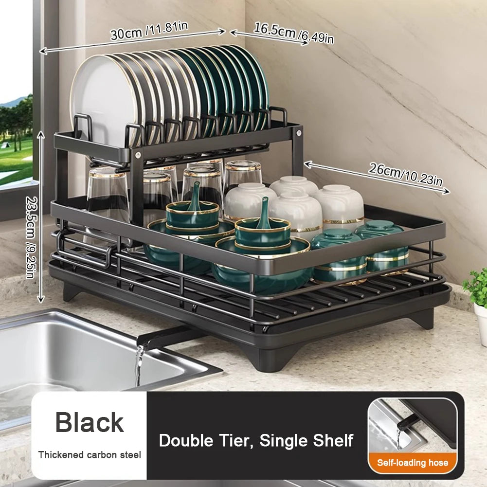 Adjustable 2-Tier Dish Drying Rack Steel Kitchen Plates Bowl Organizer