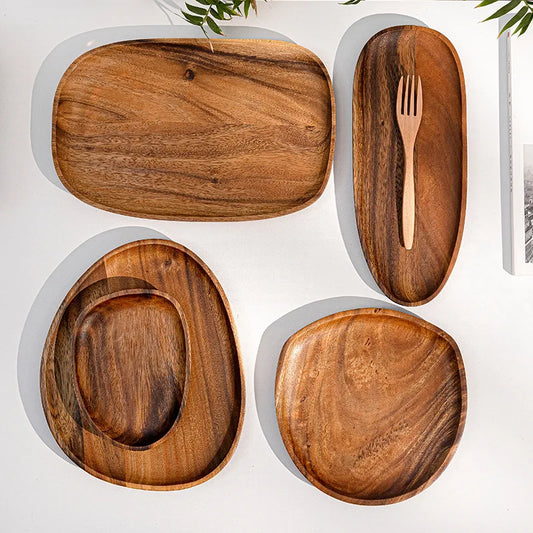 Solid Wood Dinner Plates – Irregular Oval Serving Tray for Fruits & Sushi