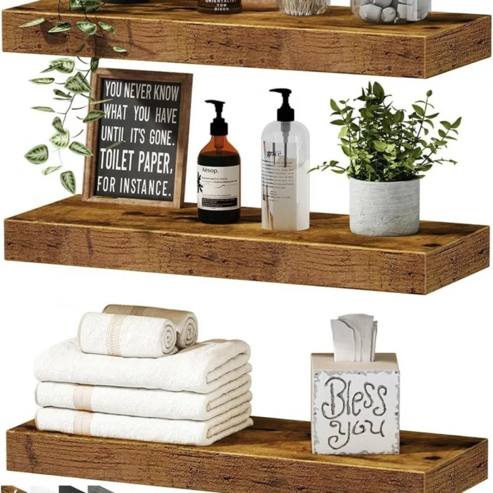 Wooden shelves with bathroom items including towels, toiletries, and a sign.