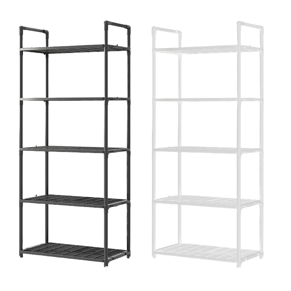 Black and white metal shelving units on a white background