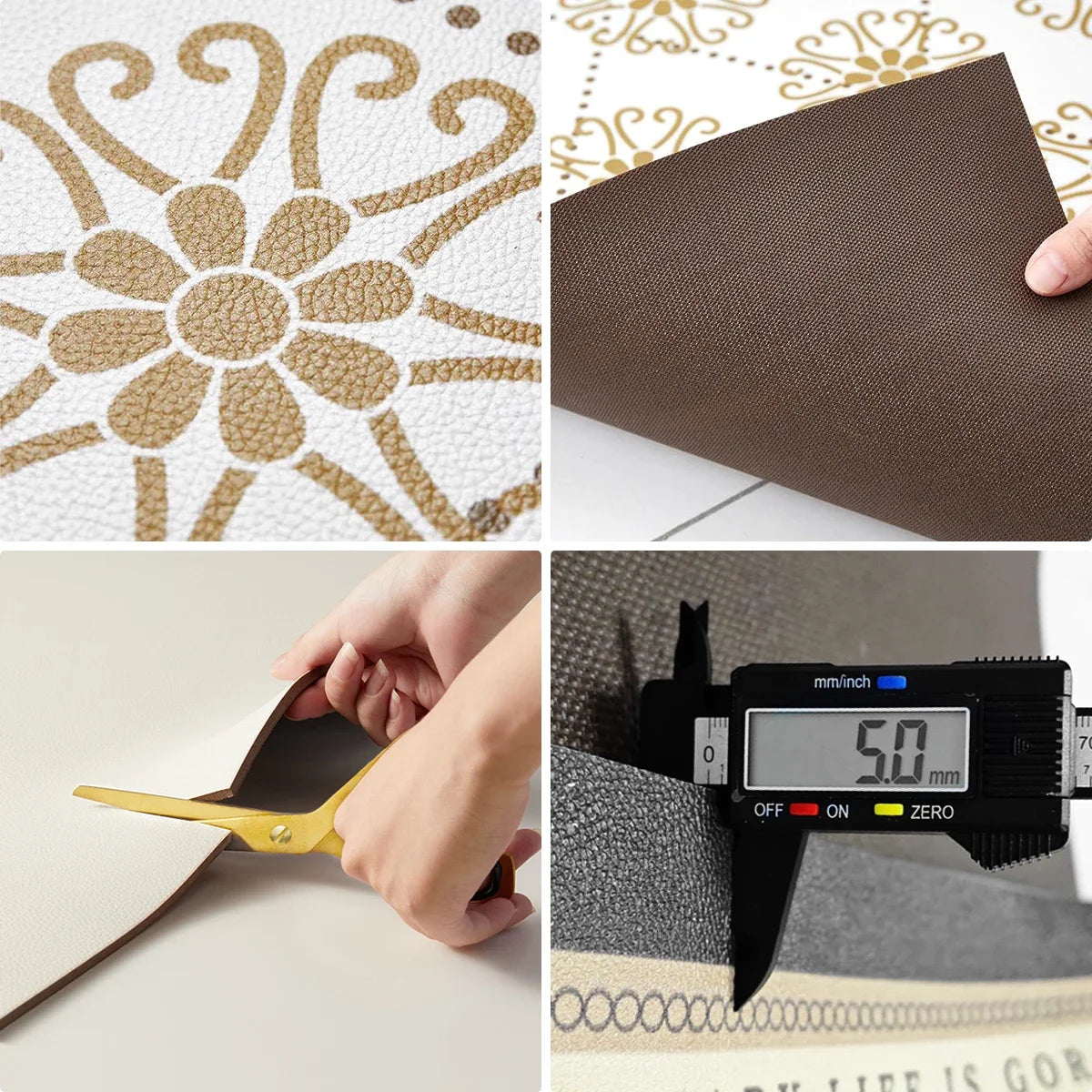 Collage of a decorative stencil, brown fabric, cutting fabric with scissors, and digital caliper measuring fabric thickness.