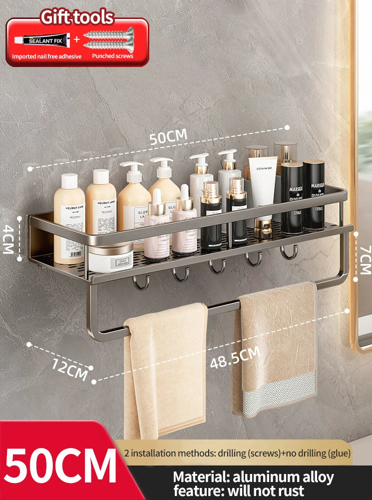 Bathroom shelf with hooks and toiletries, showing dimensions and material details.