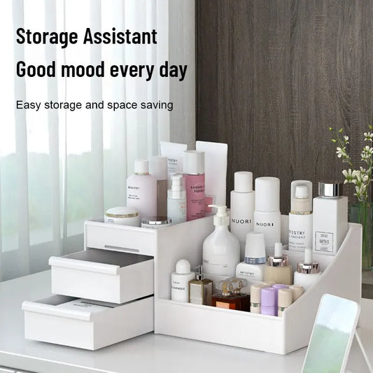 White cosmetic organizer with various bottles on a desk, text 'Storage Assistant Good mood every day Easy storage and space saving'.