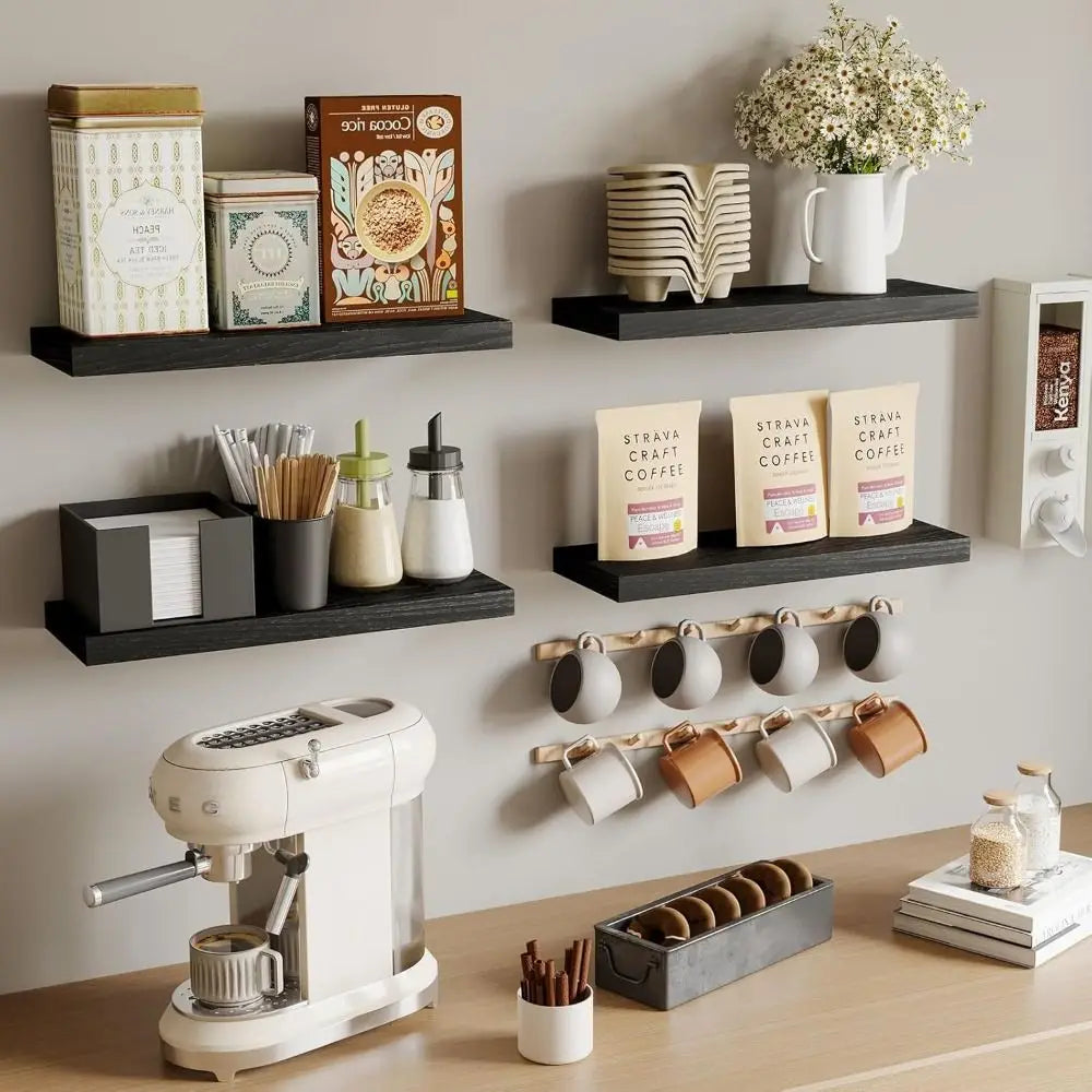 Coffee station with espresso machine, shelves with coffee supplies, and mug rack.