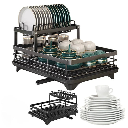 Adjustable 2-Tier Dish Drying Rack Steel Kitchen Plates Bowl Organizer
