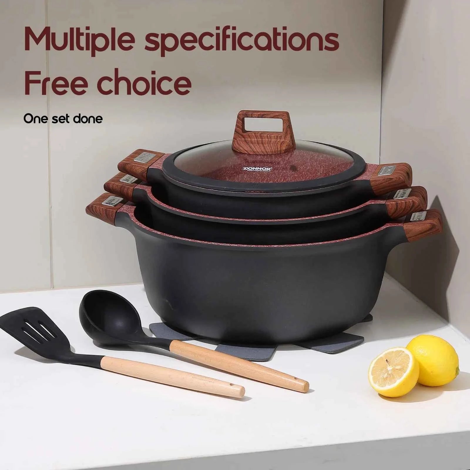 DONNOR 17pcs/set Non Stick Uncoated Frying Pan with Lid Cookware Aluminum Granite Soup Pot Milk Pot Stove Universal Kitchen Tool