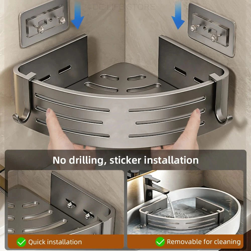 Corner shower caddy with no-drill installation feature on a tiled wall.