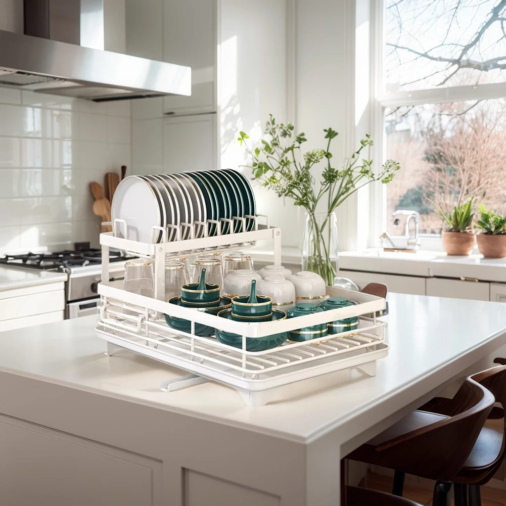 Adjustable 2-Tier Dish Drying Rack Steel Kitchen Plates Bowl Organizer