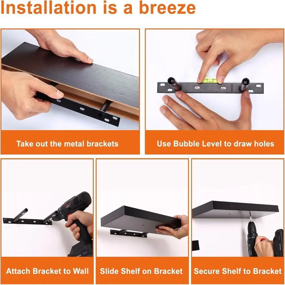 Step-by-step installation guide for a shelf with hands performing each action.
