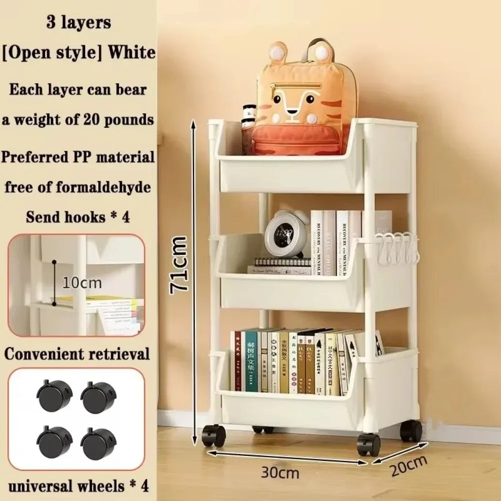 White three-layer shelf with books and a bag on a beige wall background