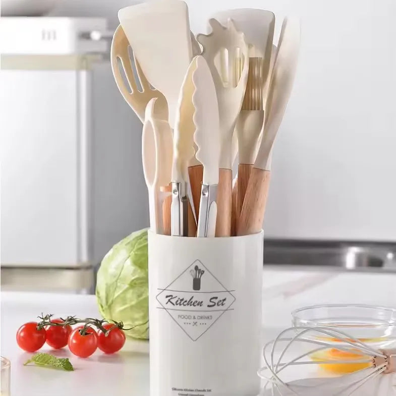 Set of kitchen utensils in a holder with a kitchen background