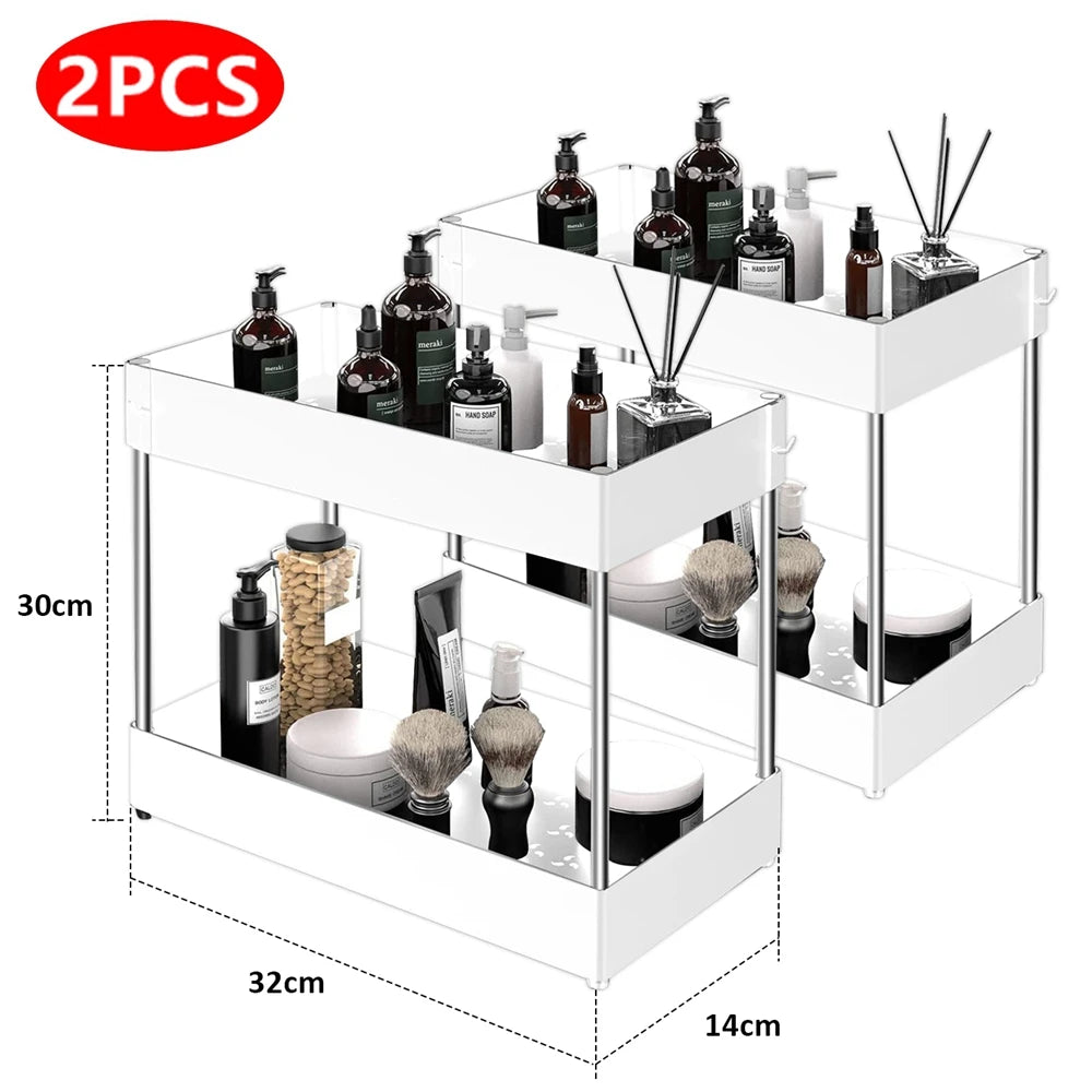 2-Tier Under Sink Organizer Sliding Cabinet Rack with Hooks