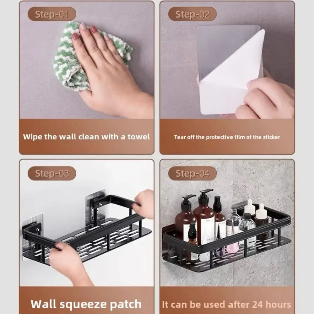 Step-by-step guide on installing a wall-mounted shelf with hands performing each action.
