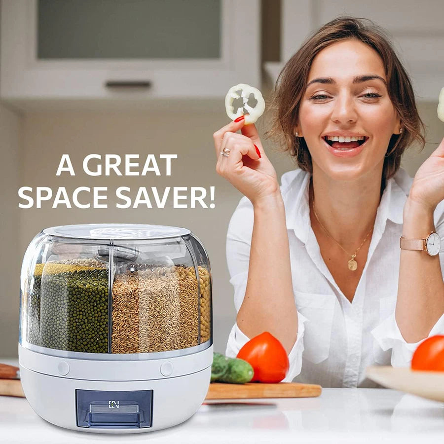 Woman in a kitchen holding a small container with text 'A GREAT SPACE SAVER!'