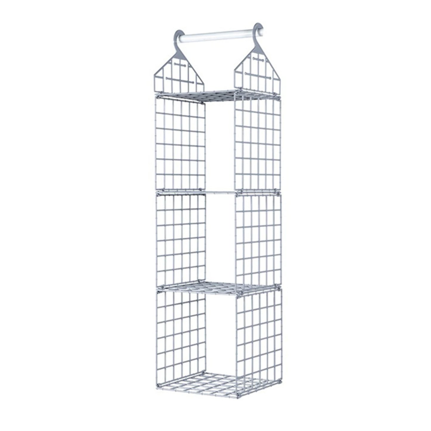 Metal grid shelf with four shelves on a white background