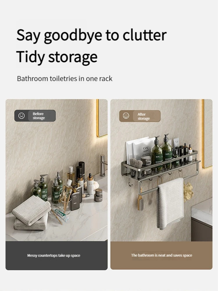 Bathroom storage rack with toiletries, before and after comparison on a white background.