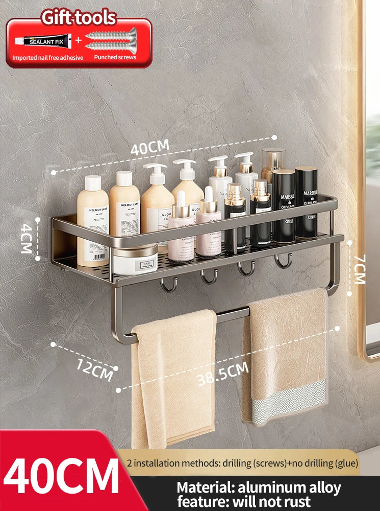 Bathroom shelf with hooks and bottles on a gray wall, featuring dimensions and material information.