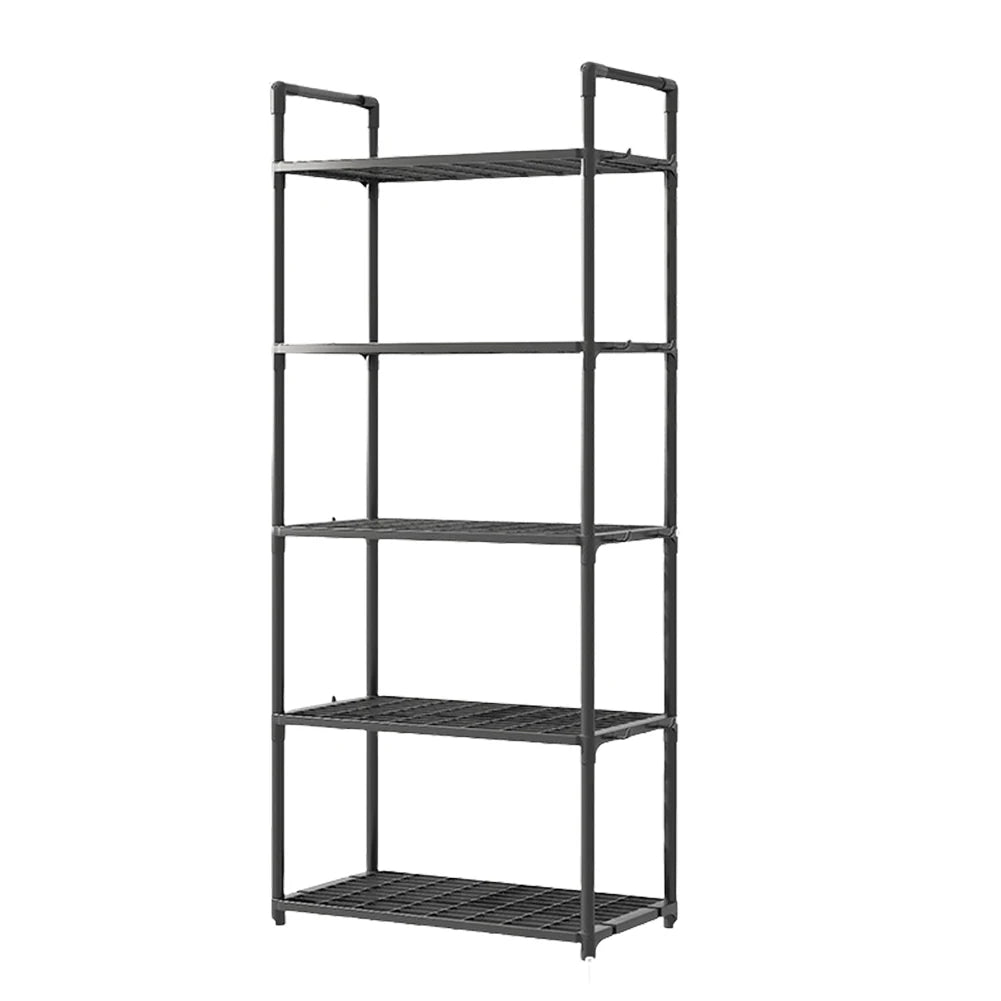 Black metal shelving unit with five shelves on a white background
