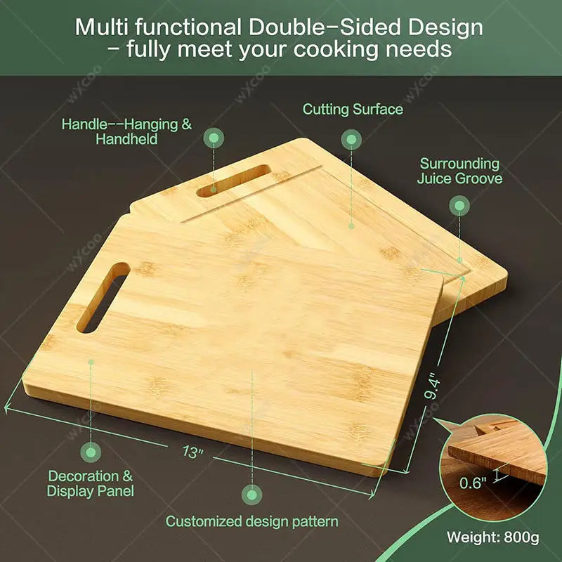 Wooden cutting board with features and dimensions labeled on a dark background