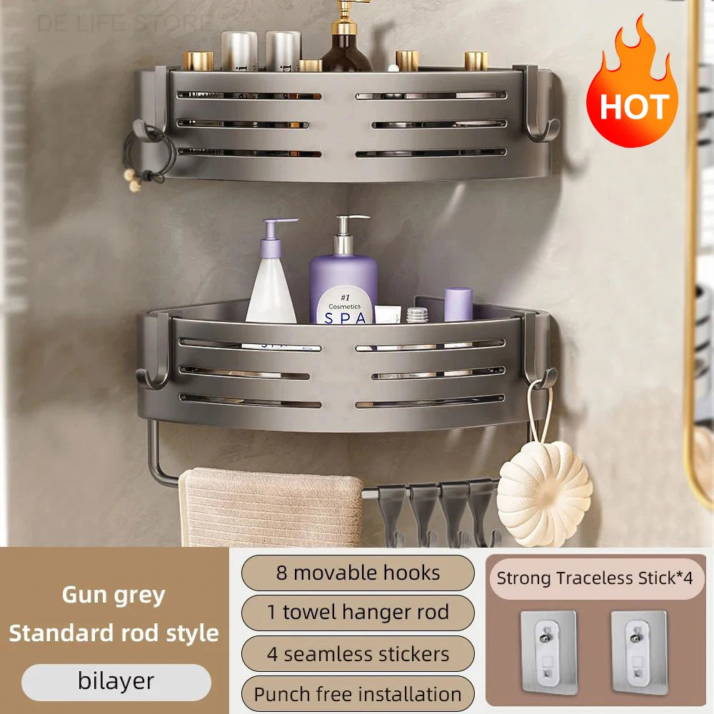 Bathroom Corner Shelf with Towel Bar, No-Drill Aluminum Storage Rack