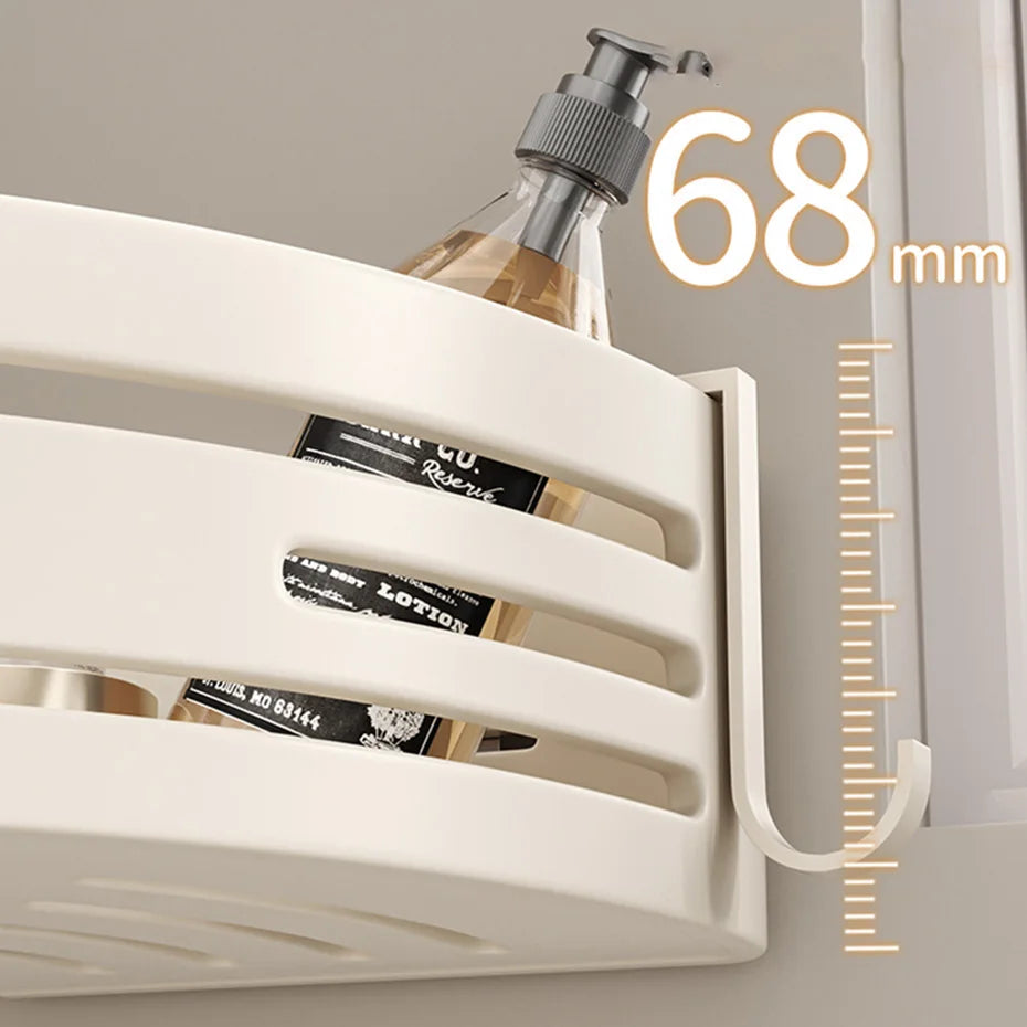 White wall-mounted organizer with bottles and a pump, showing a measurement of 68 mm.