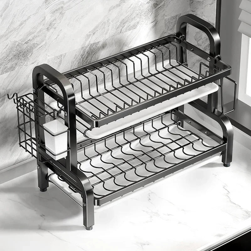 2-Tier Dish Drying Rack with Drainboard & Utensil Holder, Rust-Proof