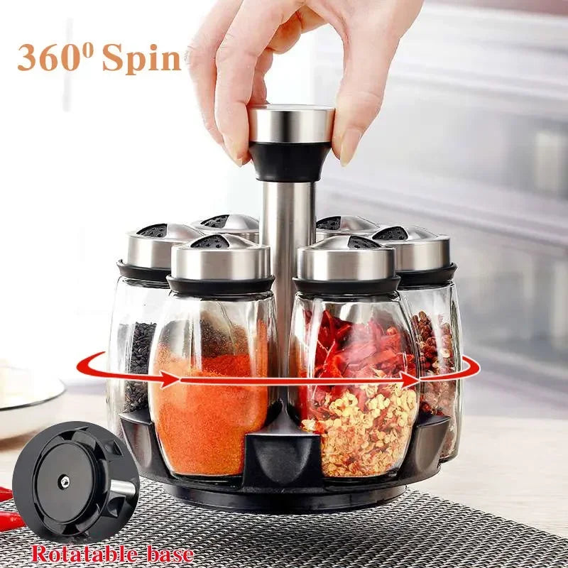 Rotating Spice Jar Set 360° Glass Salt Pepper Shakers Rac