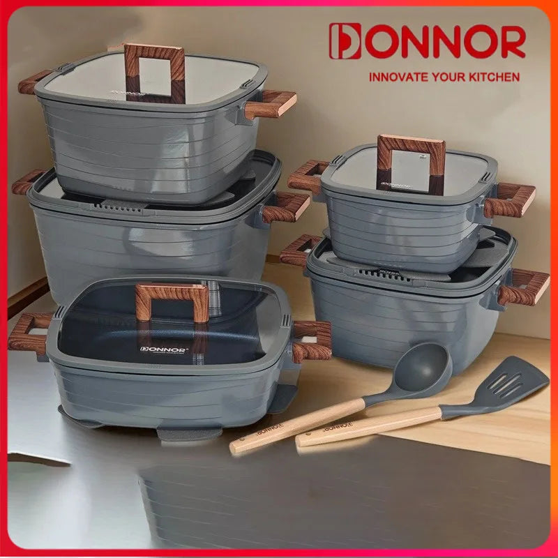 DONNOR 15-Piece Aluminum Nonstick Square Cookware Pot Set with Lids