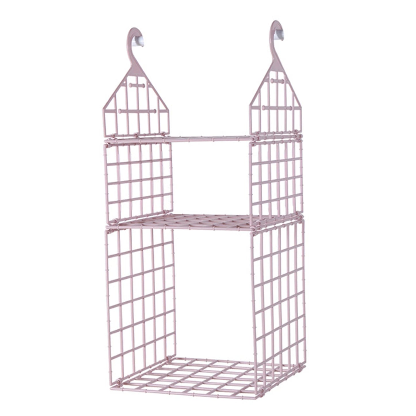 Pink metal wall shelf with two shelves on a white background