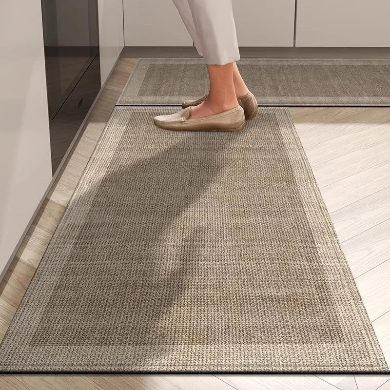 Person walking on a textured rug in a home setting