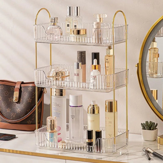 Cosmetic organizer with skincare products on a vanity table.