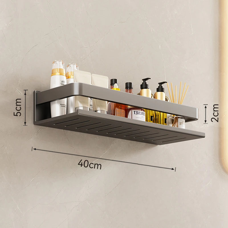 Corner wall shelf with dimensions labeled on a neutral wall.