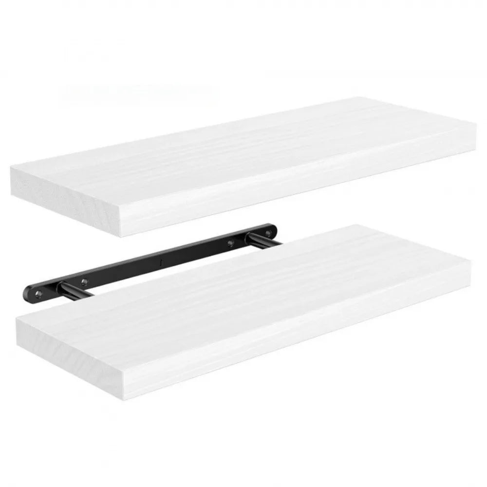 Two white floating shelves with a black bracket on a white background