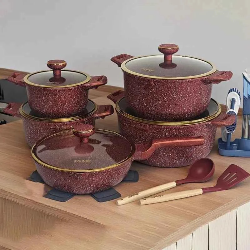 DONNOR 21Pcs Non-stick Cookware Set Soup Pots with Gold Plated Ring Glass Lid Aluminum Stew Pot Frying Pan Kitchen Cooking Pots