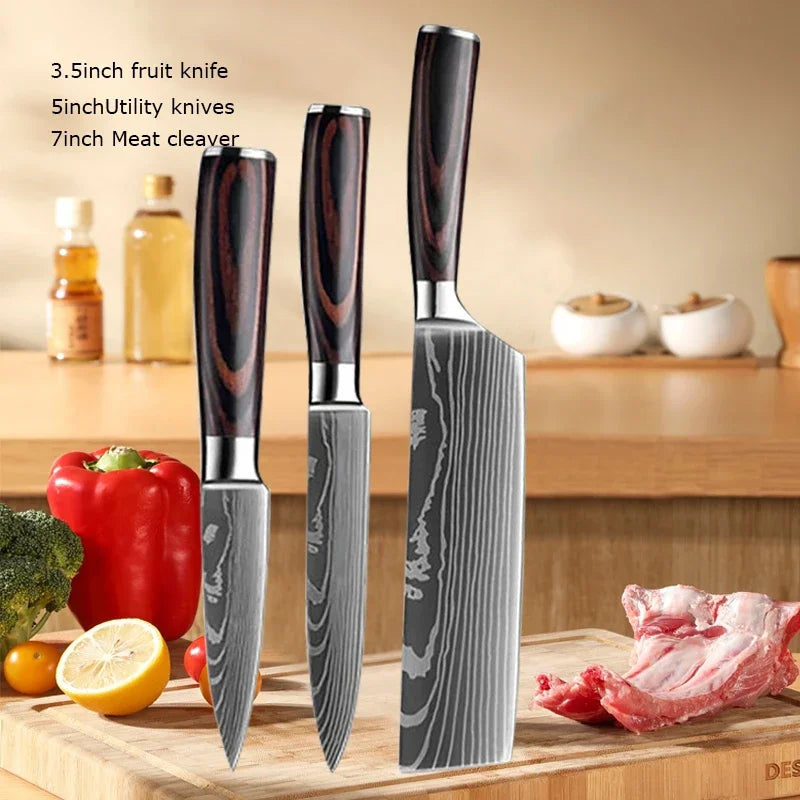Professional Laser Knife Set, Chef, Santoku, Cleaver & Boning Knife