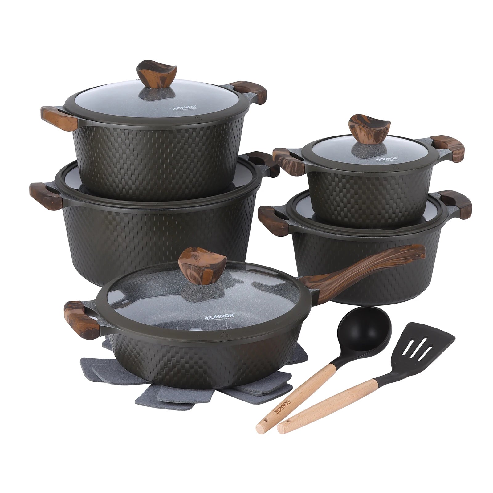 Set of black cookware with wooden handles and glass lids on a white background