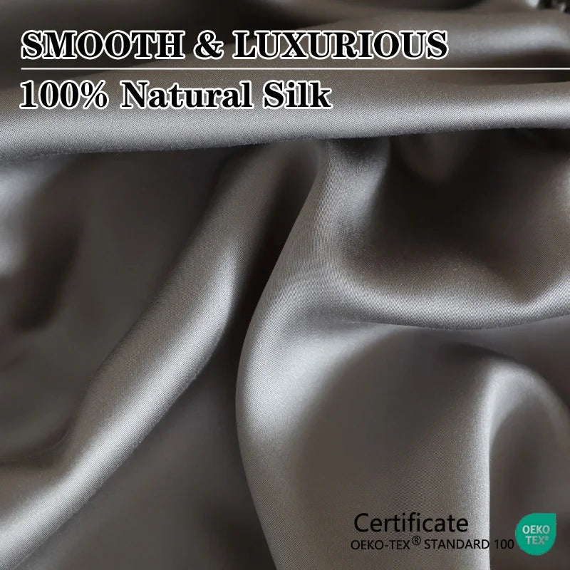 Close-up of smooth and luxurious 100% natural silk fabric with certification label.