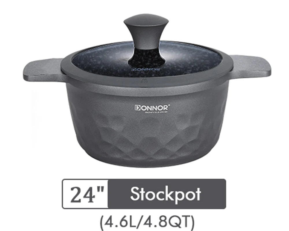 Gray stockpot with lid and 'Donnor' branding on a white background