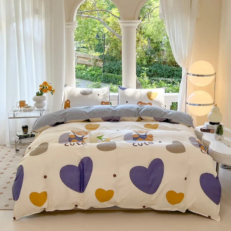 Kawaii Bear Printed Bedding Set - Cute Dog Floral Duvet Cover