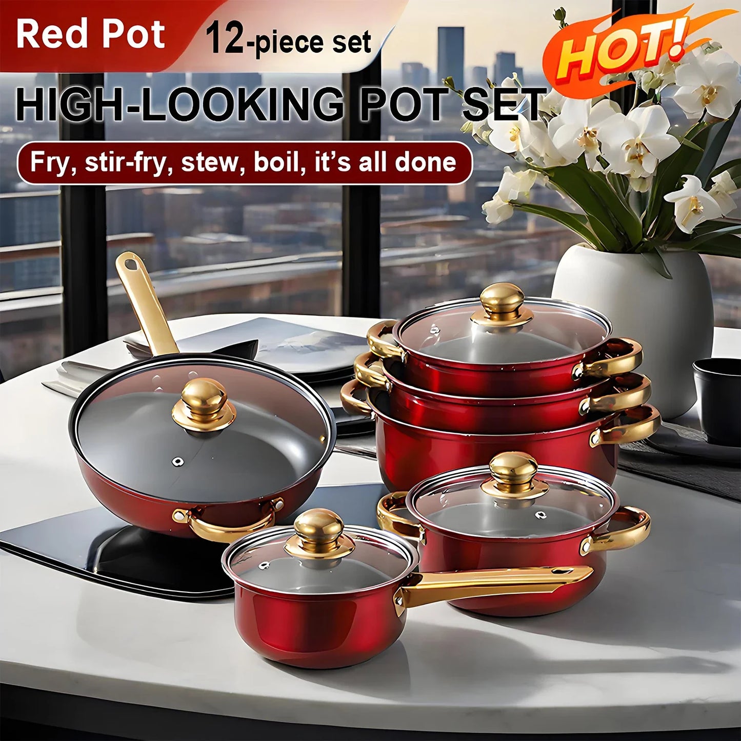 Red pot set with gold handles on a table with a cityscape background