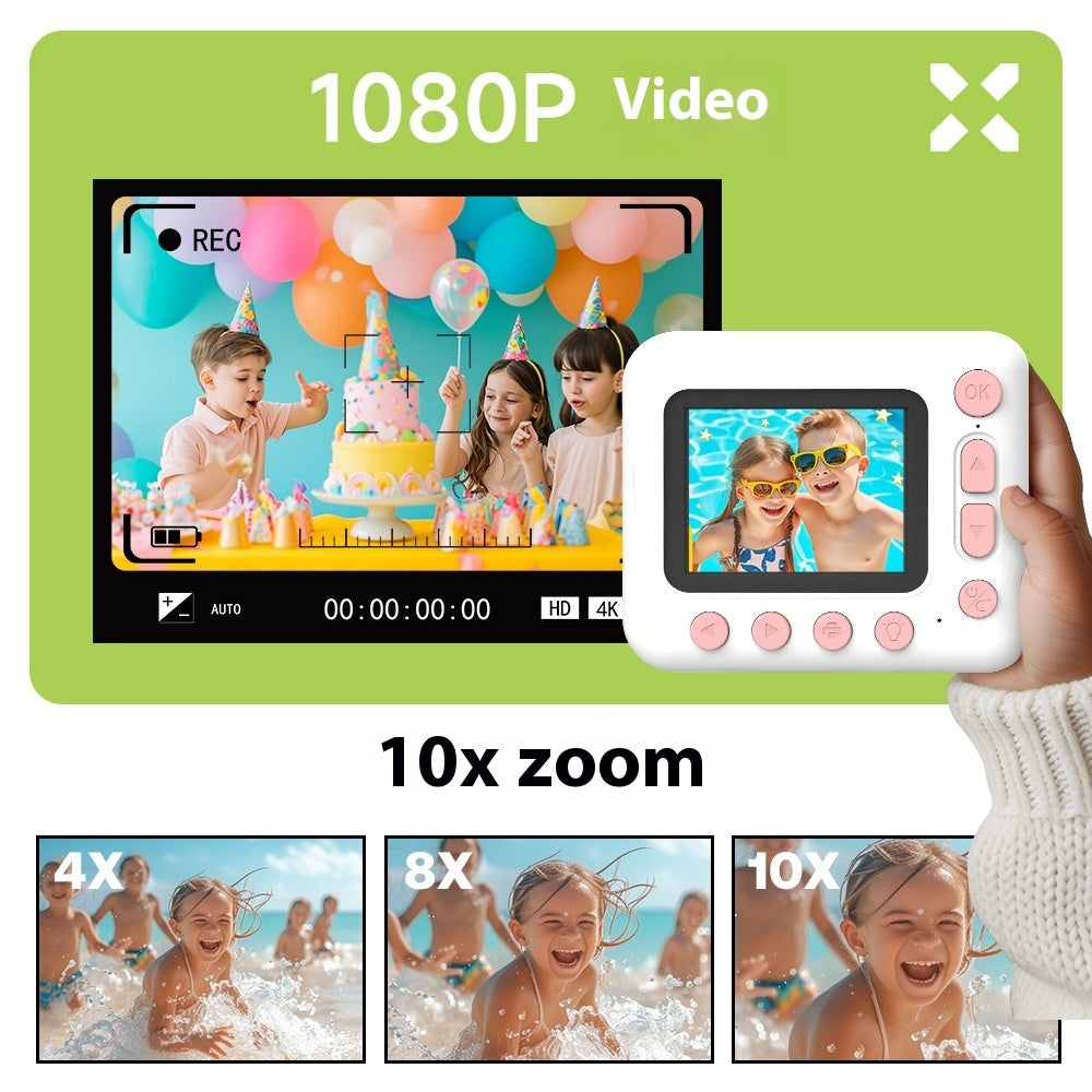 Digital camera with 1080P video recording capability and 10x zoom, showing children at a birthday party and in the water.