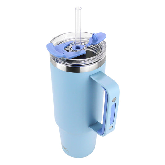 Light blue tumbler with handle and straw lid on a white background