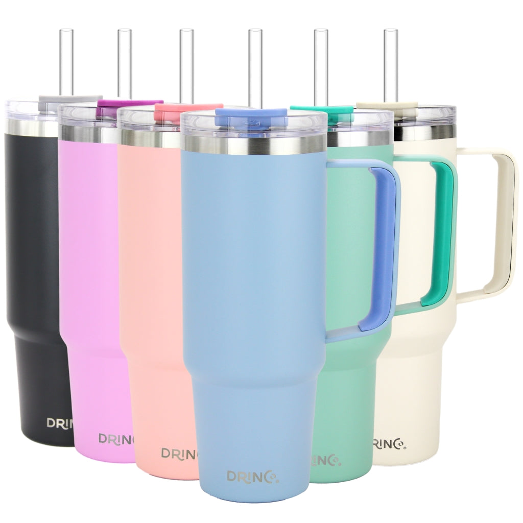 Set of insulated tumblers with handles and straws in various colors on a white background.