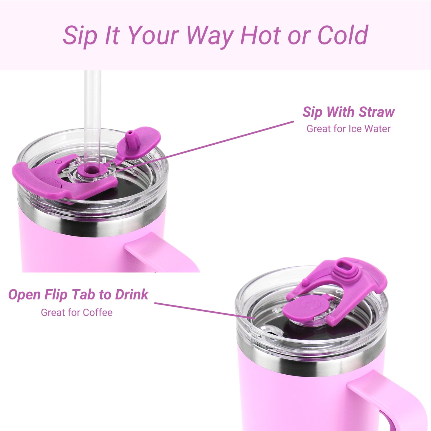 Pink insulated tumbler with straw and flip lid on a white background