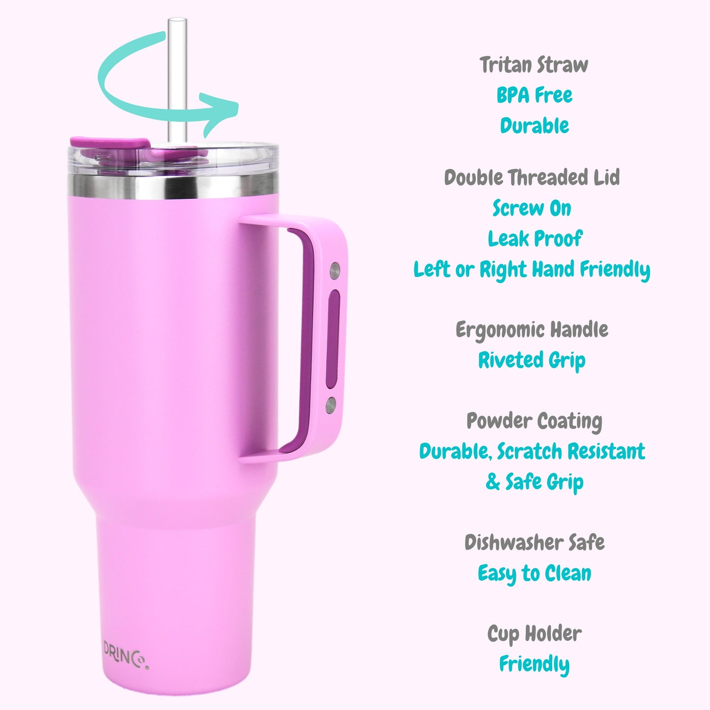 Pink tumbler with features listed on a white background