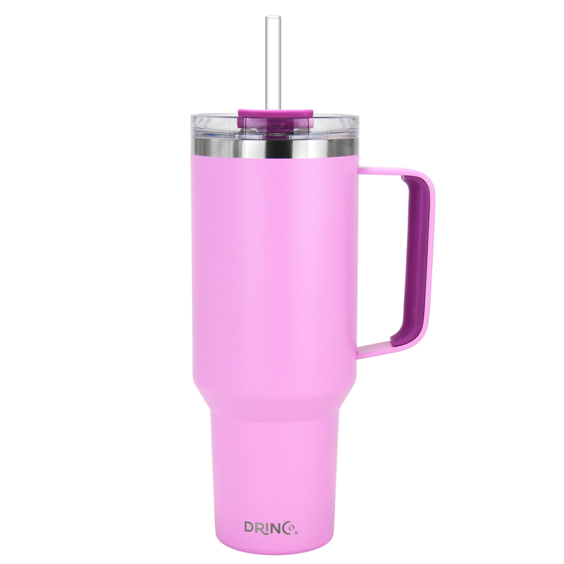 Pink insulated mug with handle and straw on a white background